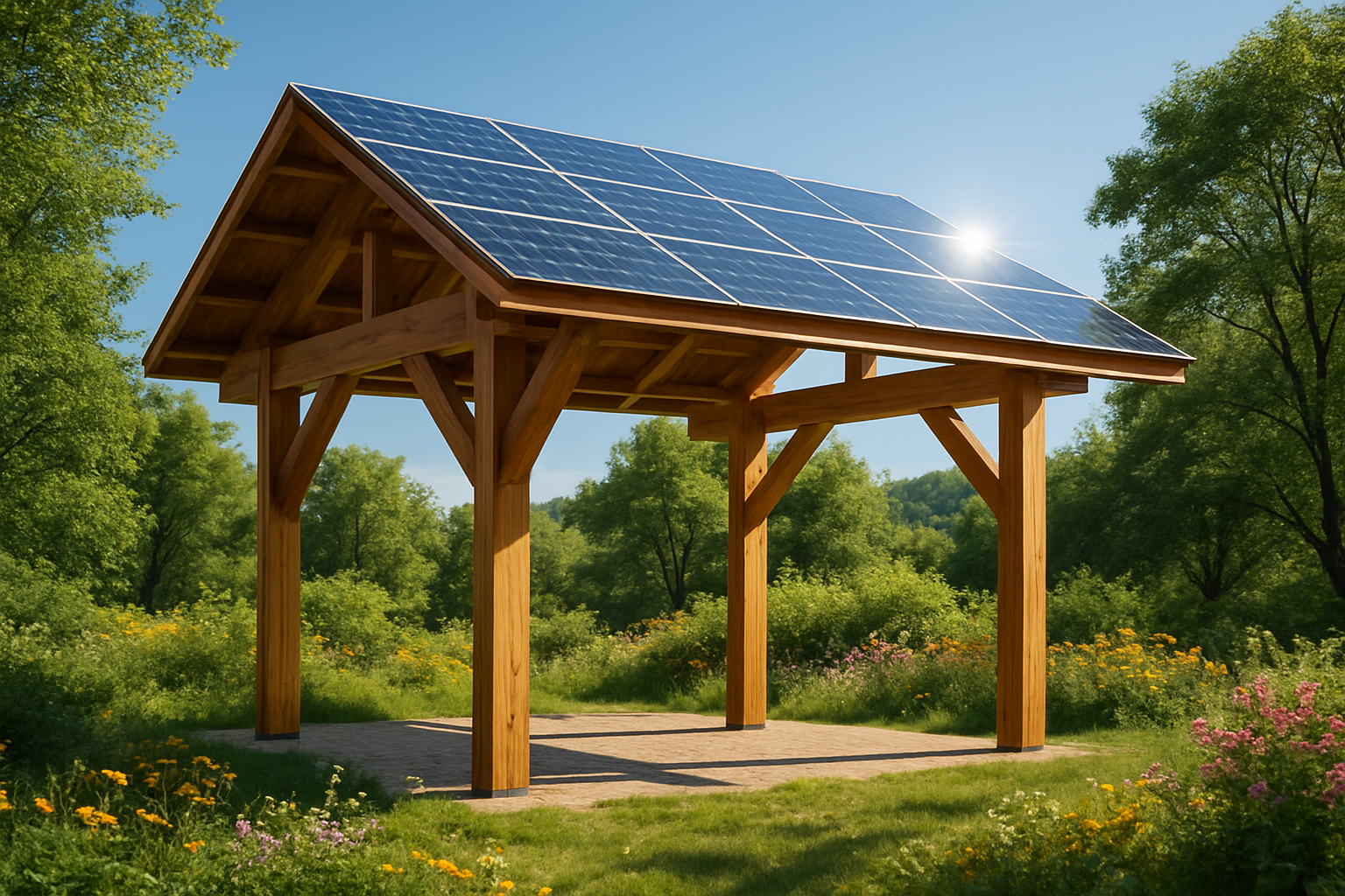découvrez notre ombrière photovoltaïque en bois, entièrement fabriquée à partir de matériaux locaux. alliez esthétique et durabilité tout en produisant votre propre énergie renouvelable. optez pour une solution écoresponsable et design pour votre extérieur.