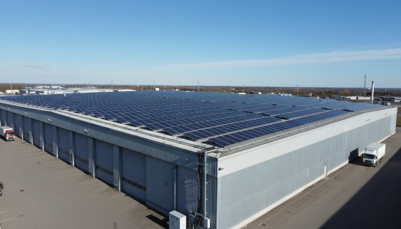 découvrez la centrale en plein fonctionnement qui trône majestueusement au sommet du hangar, symbole de puissance et d'efficacité.
