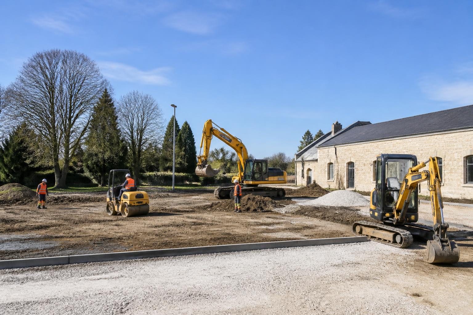 saint-étienne-de-mer-morte : lancement des travaux d'aménagement du parking de la salle des vallées pour améliorer l'accès et le confort des usagers.