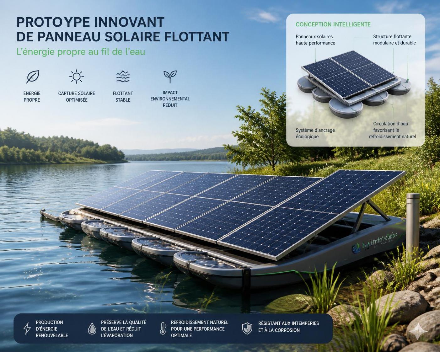 découvrez notre prototype innovant de panneau solaire flottant installé en bord de rive, alliant efficacité énergétique et respect de l'environnement pour une énergie propre et durable.