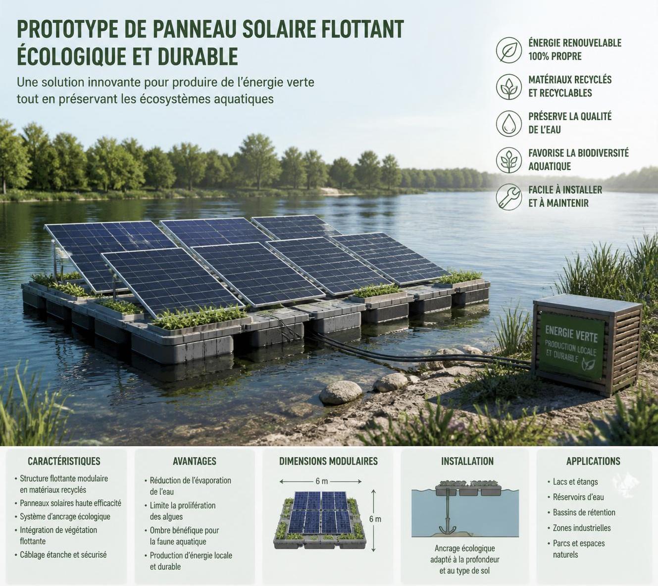 découvrez un prototype innovant de panneau solaire flottant, installé en bord de rive, alliant efficacité énergétique et respect de l'environnement.