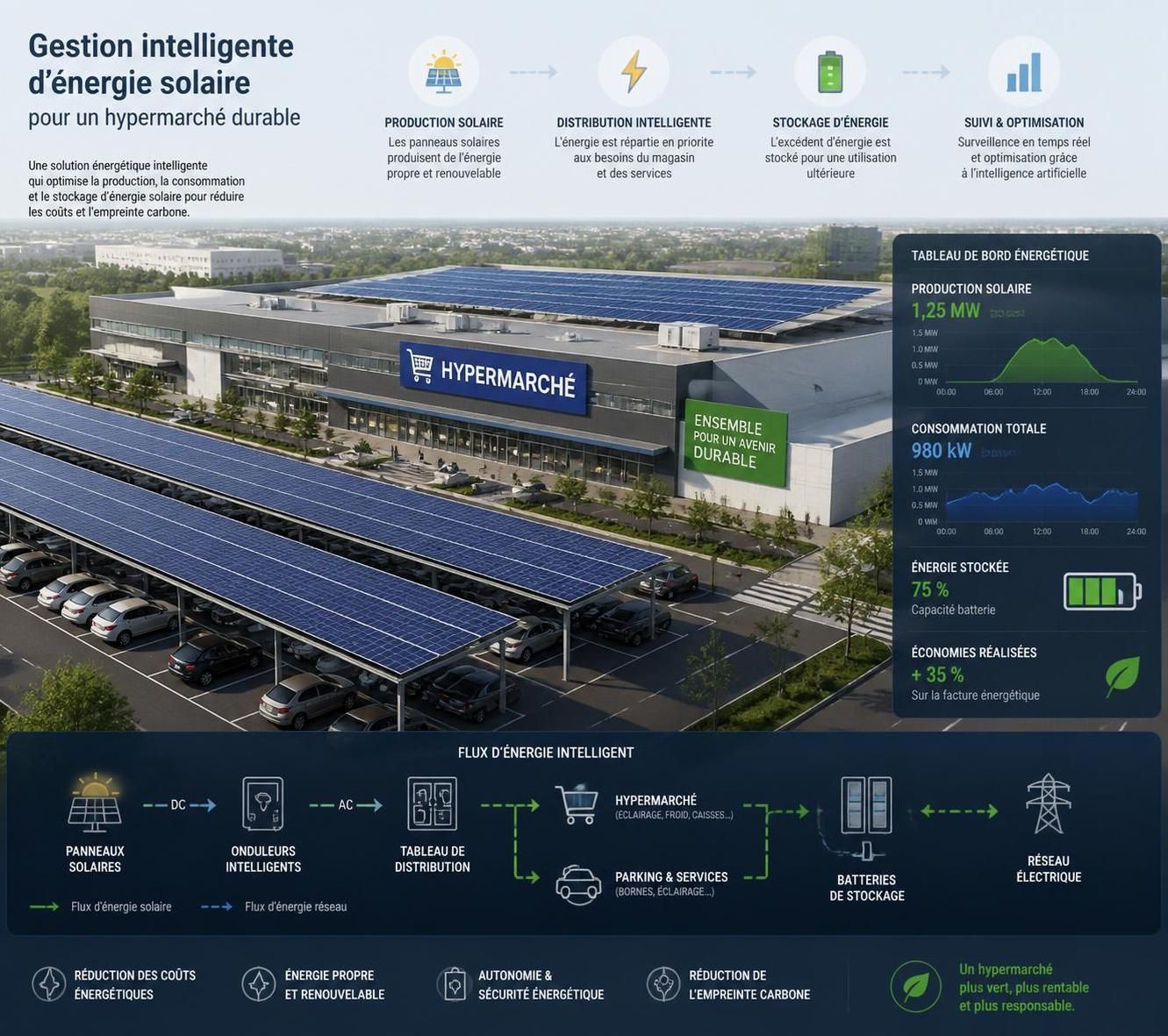 découvrez comment cet hypermarché convertit son parking en source d'énergie renouvelable et adopte l'autoconsommation pour réduire son impact environnemental.
