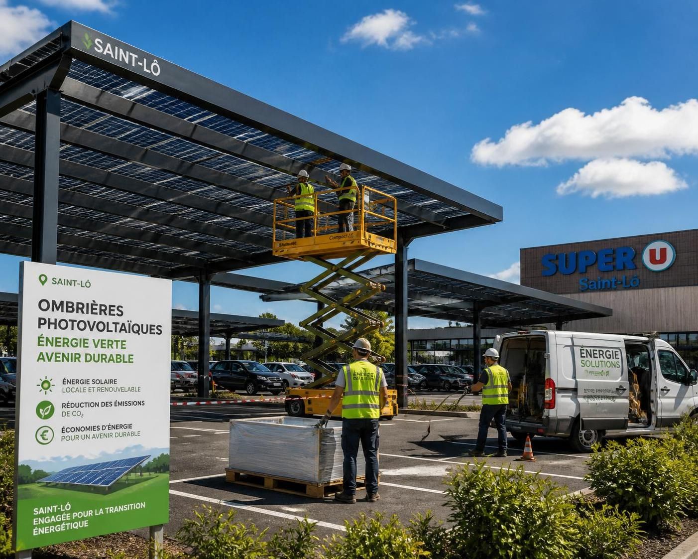 lancement des travaux pour l'installation d'ombrières photovoltaïques sur le parking du carrefour market de saint-lô, une initiative durable pour promouvoir l'énergie renouvelable.