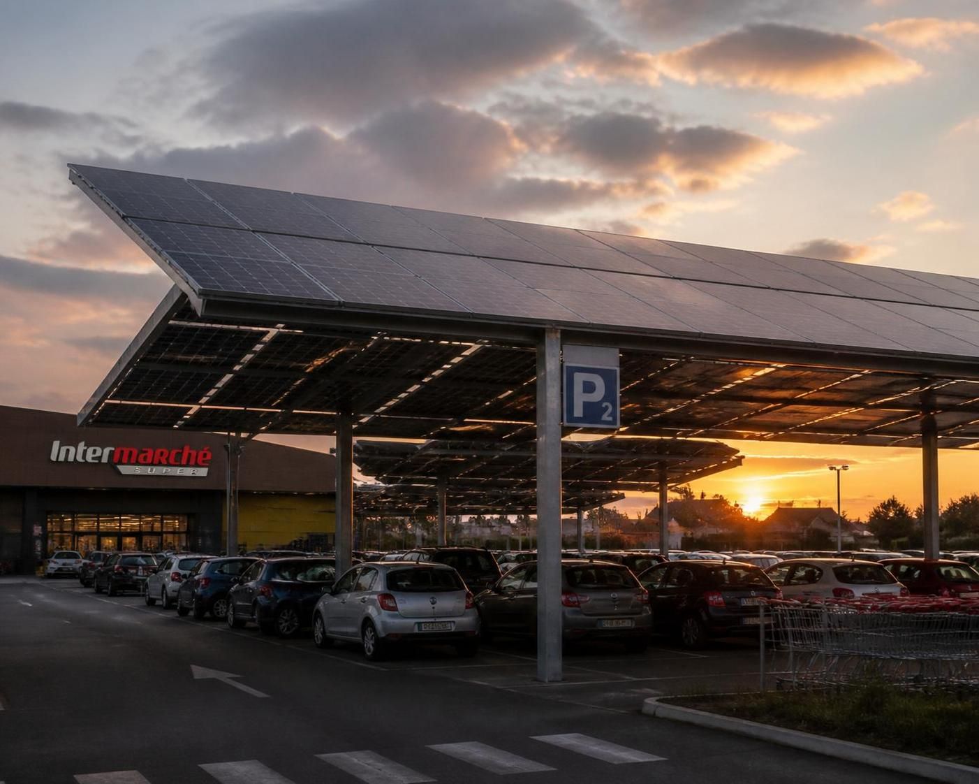 lancement des travaux pour l'installation d'ombrières photovoltaïques sur le parking du carrefour market de saint-lô, une initiative pour promouvoir l'énergie renouvelable et la protection de l'environnement.