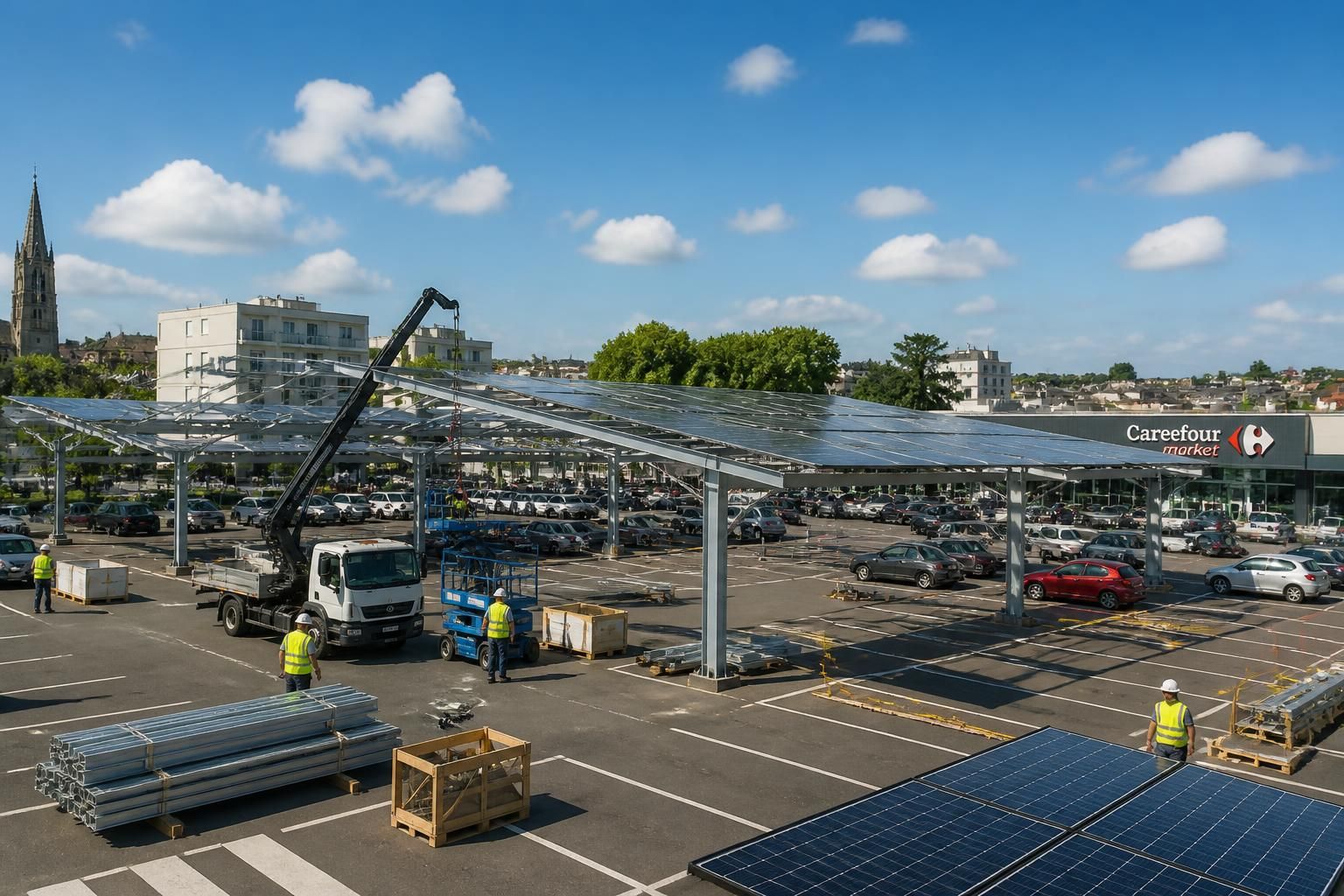 lancement des travaux d'installation d'ombrières photovoltaïques sur le parking du carrefour market de saint-lô, une initiative pour promouvoir l'énergie solaire et la mobilité durable.