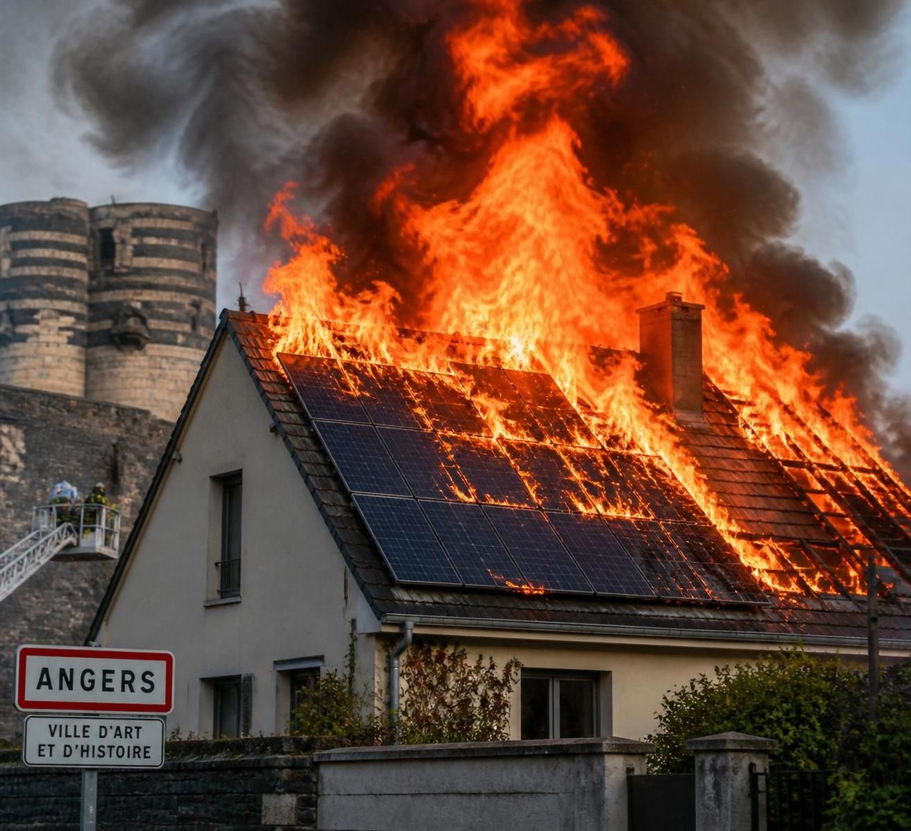 un incendie spectaculaire à angers a ravagé la toiture d'une maison ainsi que ses panneaux photovoltaïques, causant d'importants dégâts à un étage de l'habitation.