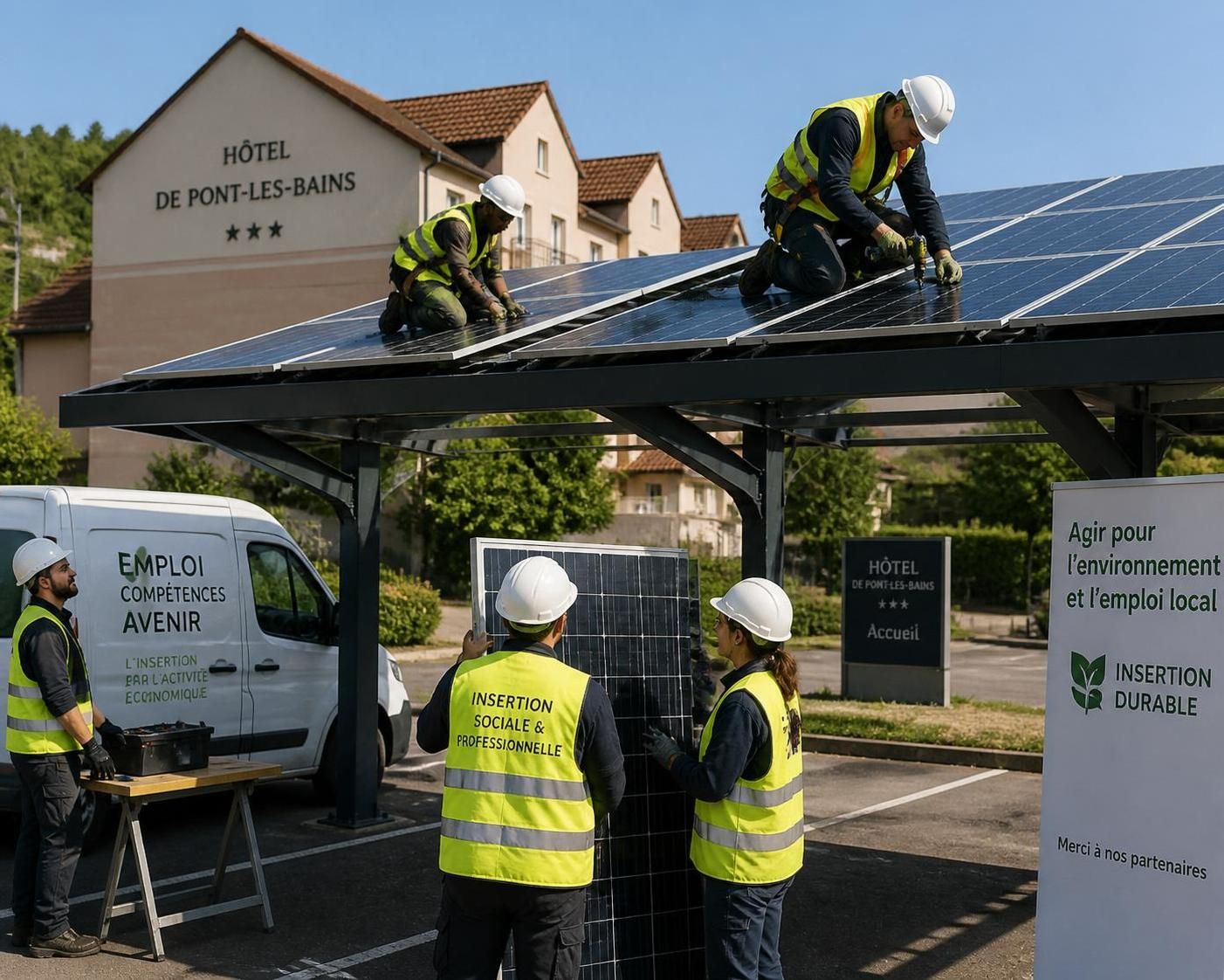 à pont-les-bains, l’oustal à salles-la-source innove en installant des ombrières photovoltaïques pour valoriser durablement l’énergie solaire et promouvoir les énergies renouvelables.