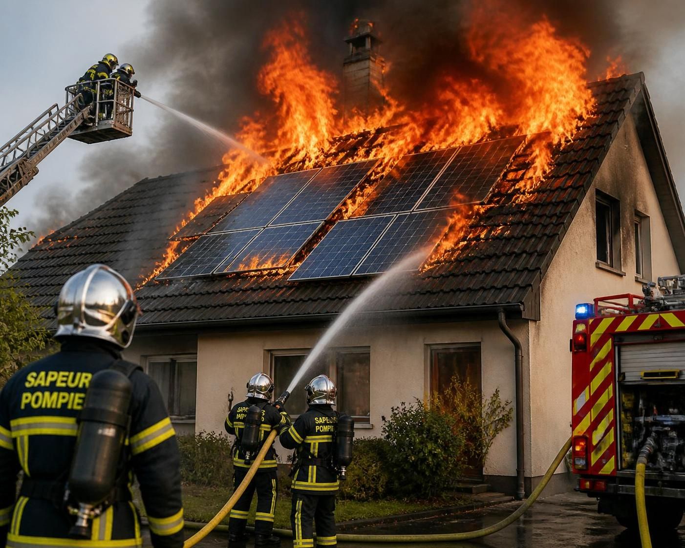 un incendie causé par un panneau photovoltaïque détruit une maison, un pompier légèrement blessé lors des opérations de secours.