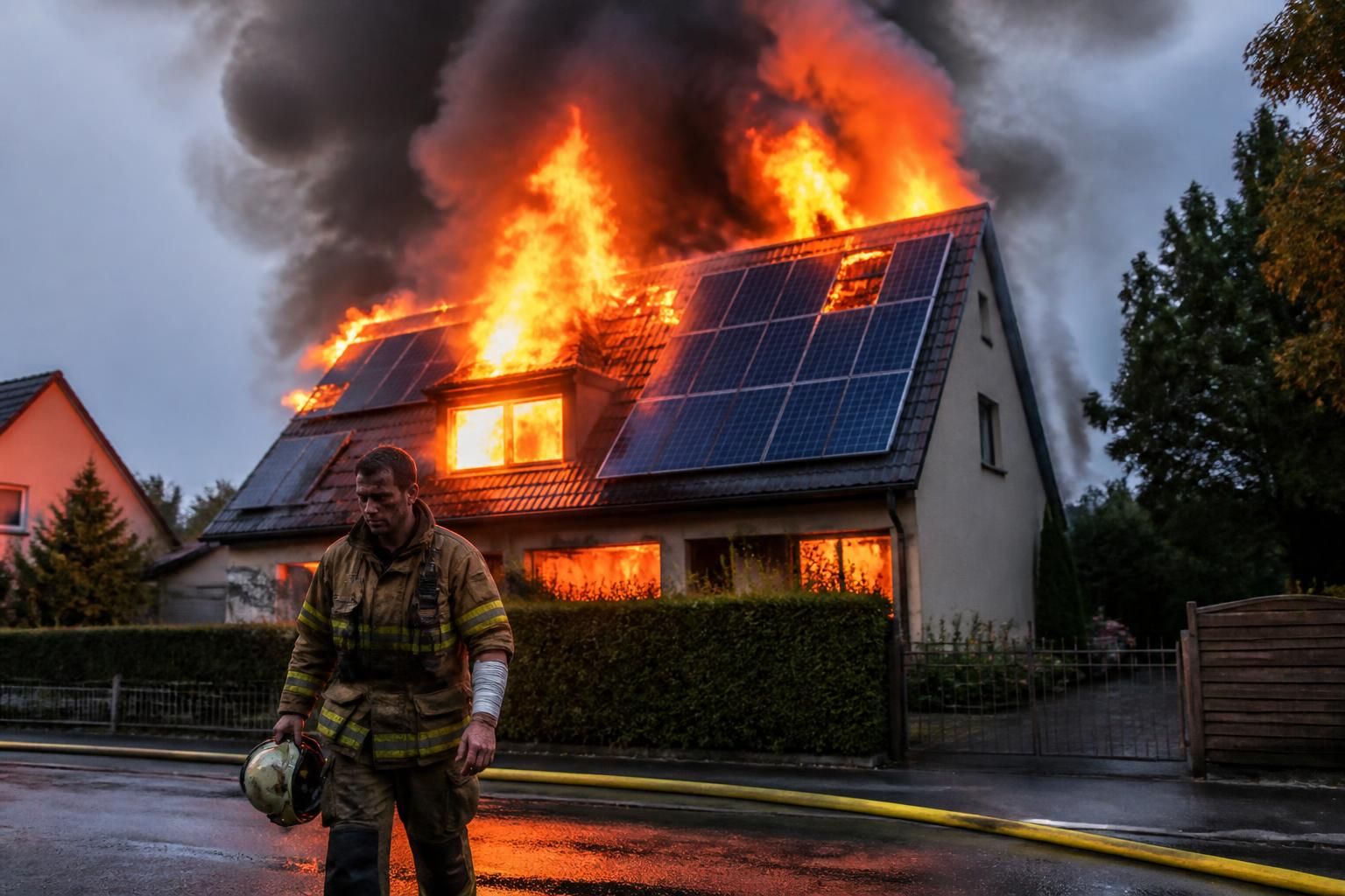 un incendie d'origine photovoltaïque détruit une maison, causant des dégâts importants ; un pompier a été légèrement blessé lors de l'intervention.