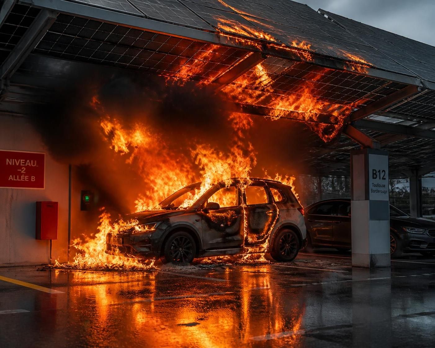 un incendie spectaculaire s'est déclaré lorsqu'un suv électrique a pris feu, se propageant rapidement jusqu'à une installation photovoltaïque voisine, suscitant une intervention d'urgence majeure.