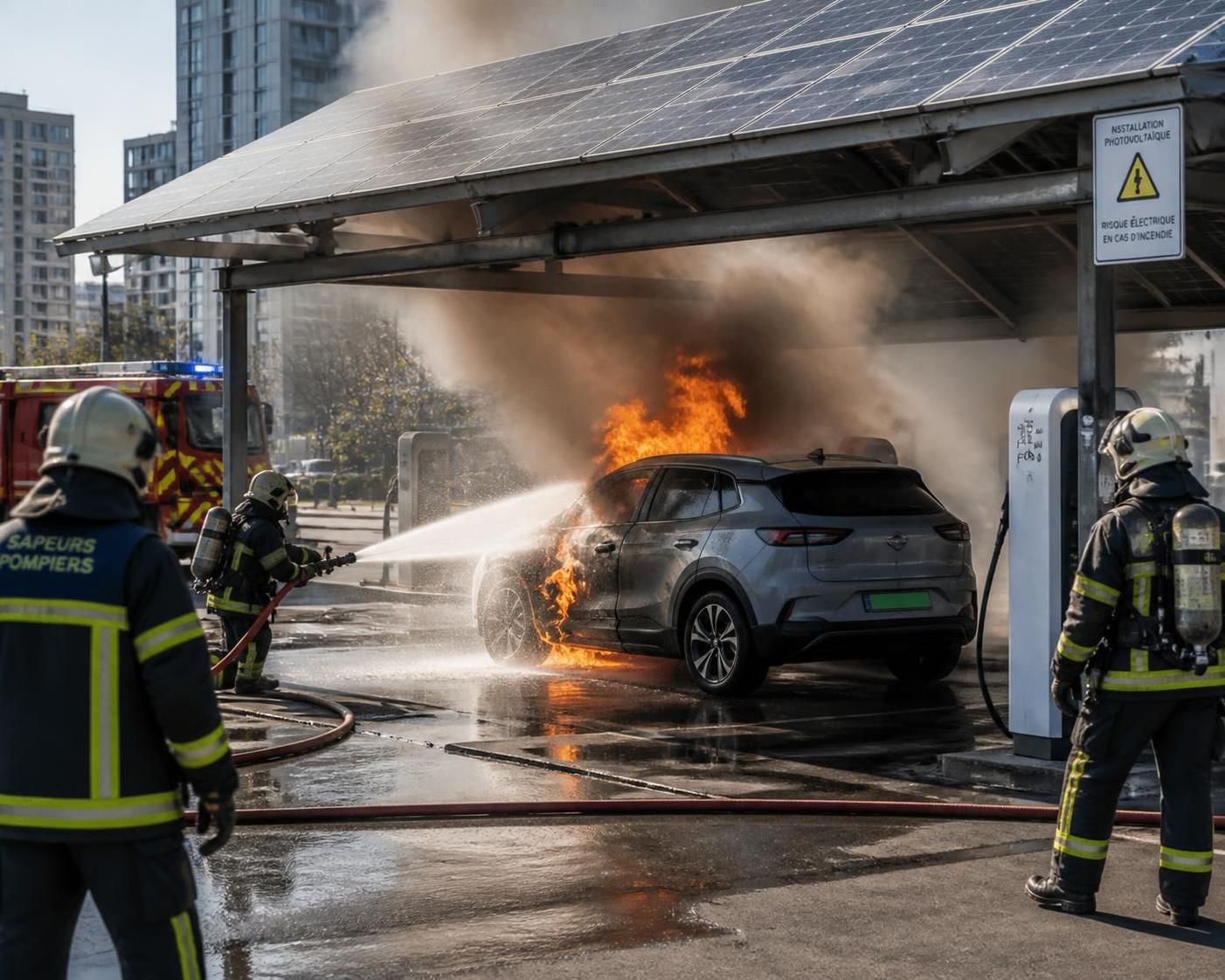 un incendie spectaculaire s'est déclaré lorsqu'un suv électrique a pris feu, étendant les flammes jusqu'à une installation photovoltaïque voisine, causant des dégâts importants.