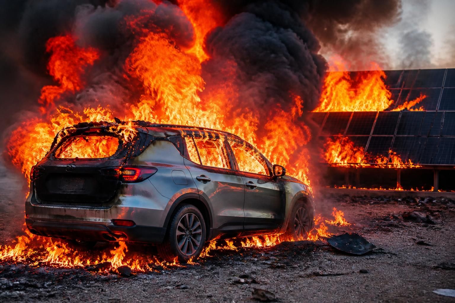 un incendie spectaculaire survient lorsqu'un suv électrique prend feu, les flammes se propageant rapidement jusqu'à une installation photovoltaïque voisine, causant d'importants dégâts.