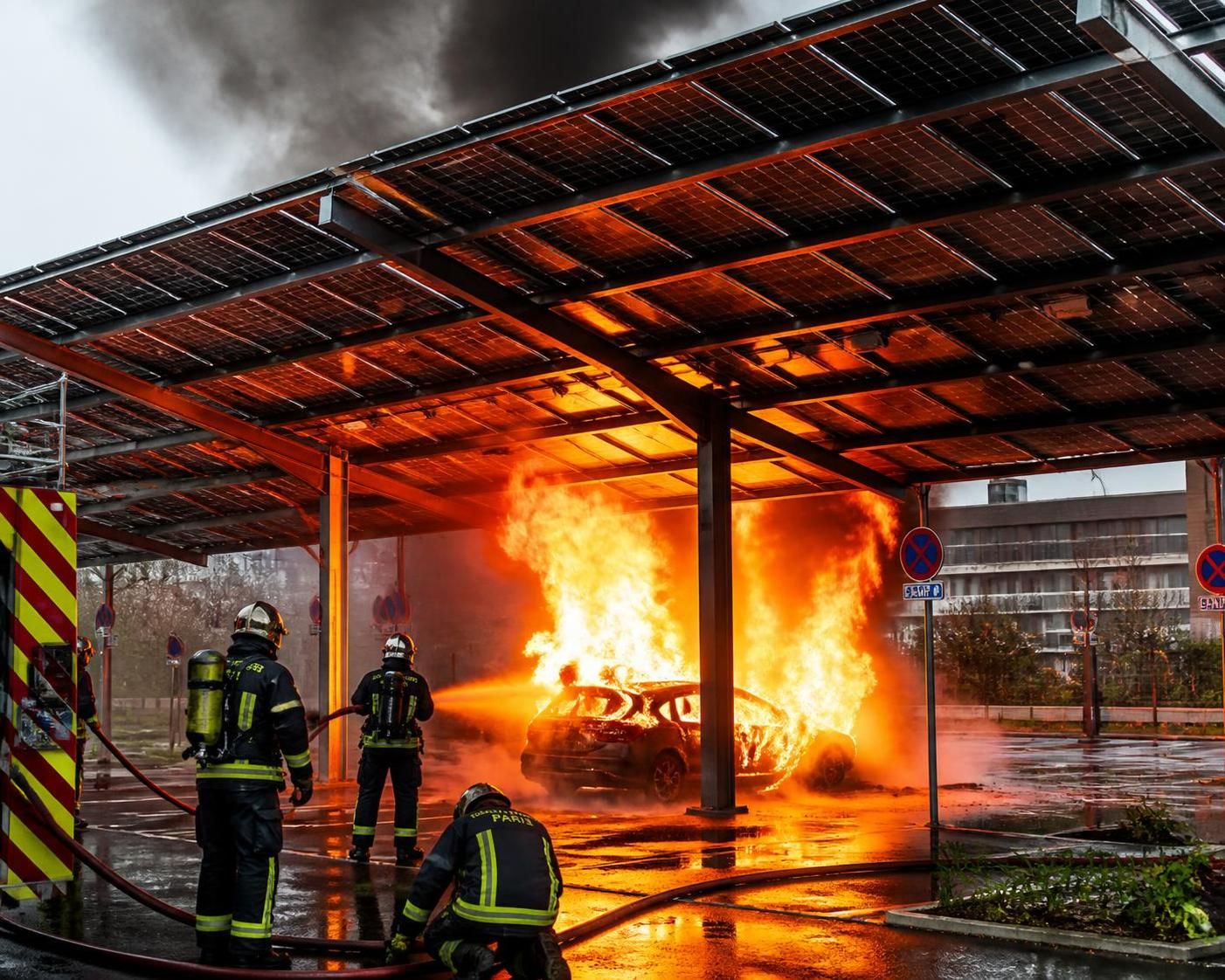 un incendie spectaculaire détruit une voiture stationnée sous une ombrière photovoltaïque sur un site tisséo à toulouse, suscitant une intervention rapide des secours.