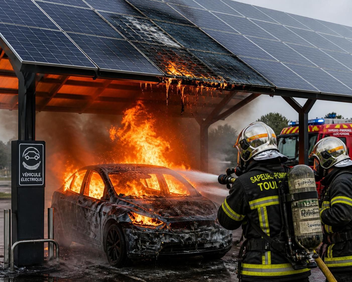 un incendie spectaculaire ravage une voiture stationnée sous une ombrière photovoltaïque sur un site tisséo à toulouse, mobilisant rapidement les secours.