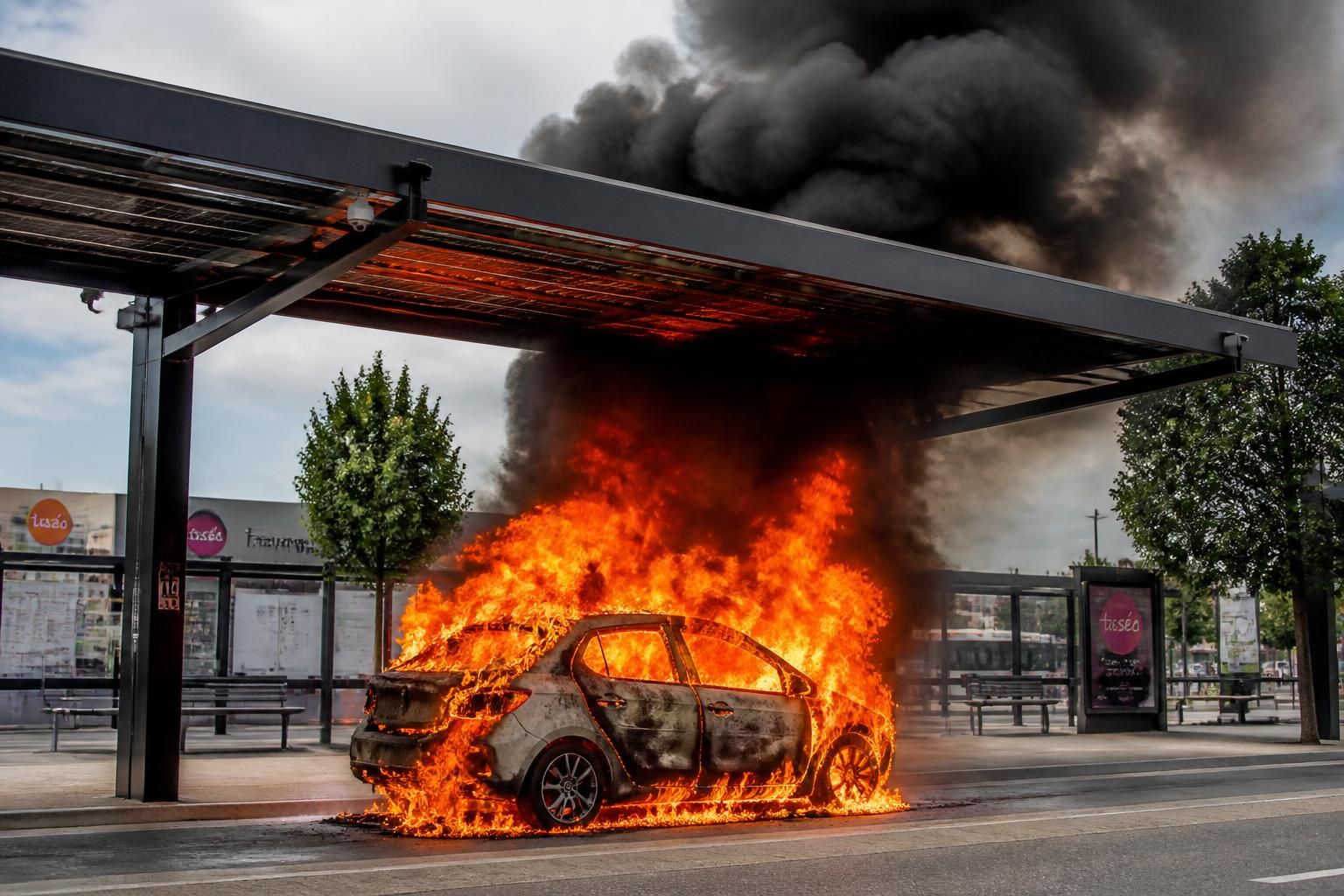 un incendie spectaculaire détruit une voiture stationnée sous une ombrière photovoltaïque sur un site tisséo à toulouse, suscitant l'intervention rapide des secours.