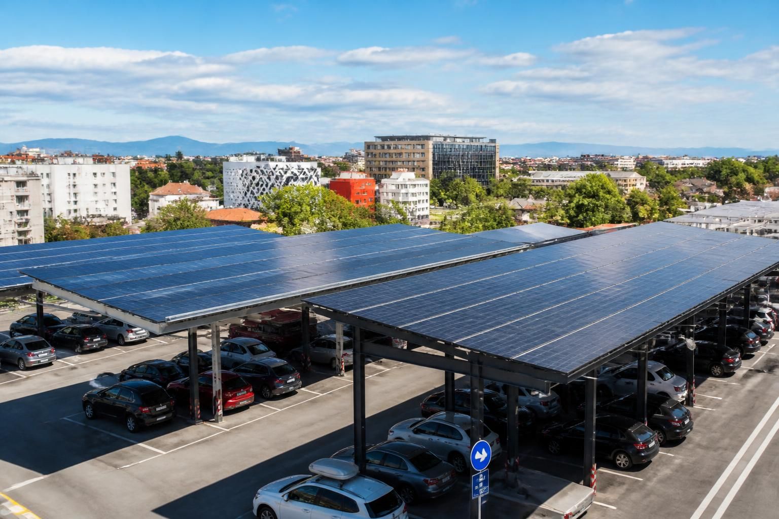 découvrez l'installation d'ombrières photovoltaïques sur la terrasse du parking brauhauban à tarbes, une solution innovante pour produire une énergie solaire durable au service de la ville.