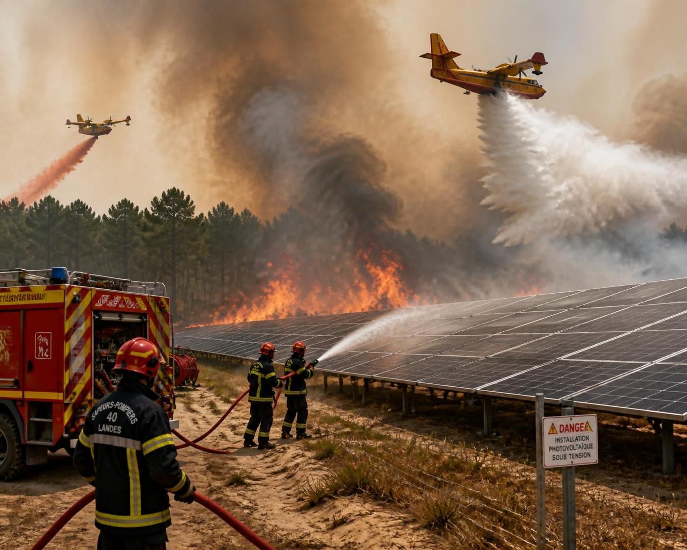 incendie maîtrisé dans un parc photovoltaïque des landes après avoir ravagé 190 hectares, intervention efficace des pompiers pour sécuriser la zone.