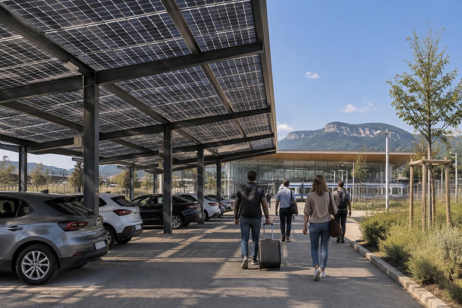 à la gare de romans-sur-isère, une ombrière solaire va produire de l’électricité renouvelable tout en offrant de l’ombre aux voyageurs.