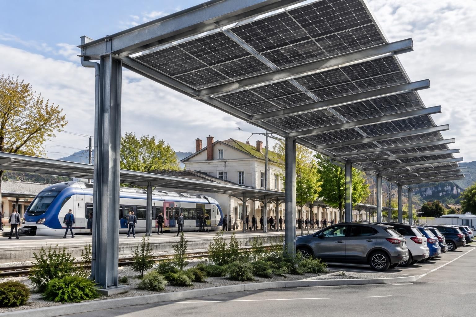 à la gare de romans-sur-isère, une ombrière solaire produira de l’électricité et contribuera au développement des énergies renouvelables.