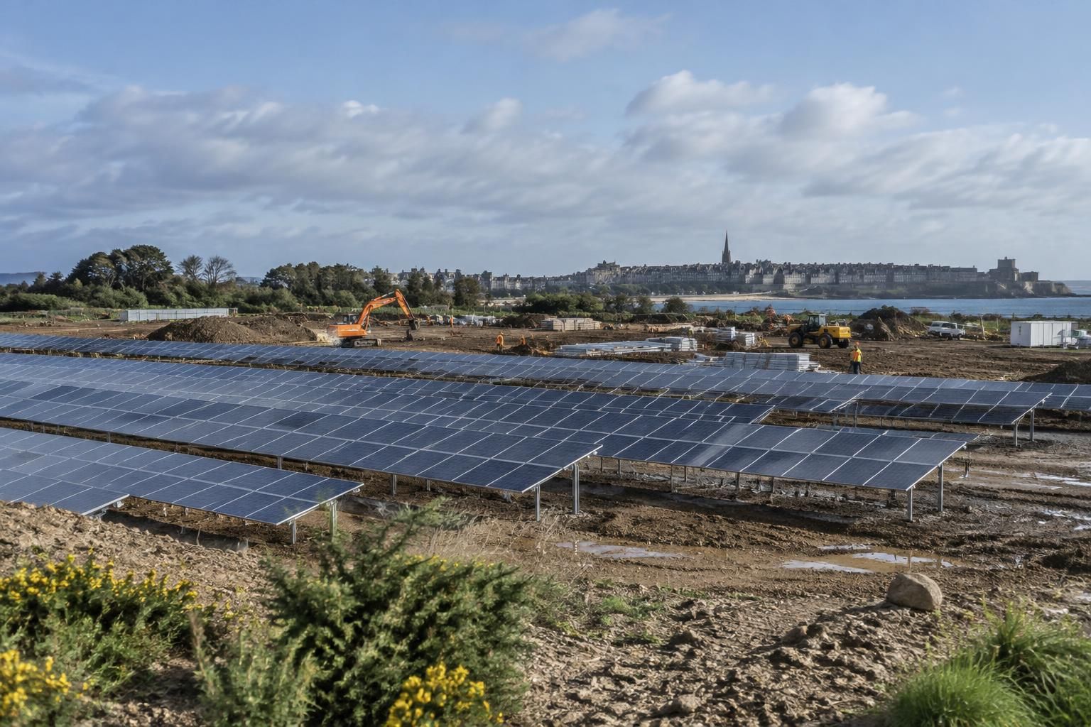 à l’entrée de saint-malo, un vaste projet de centrale solaire prend forme et dessine les contours d’un nouveau paysage énergétique.