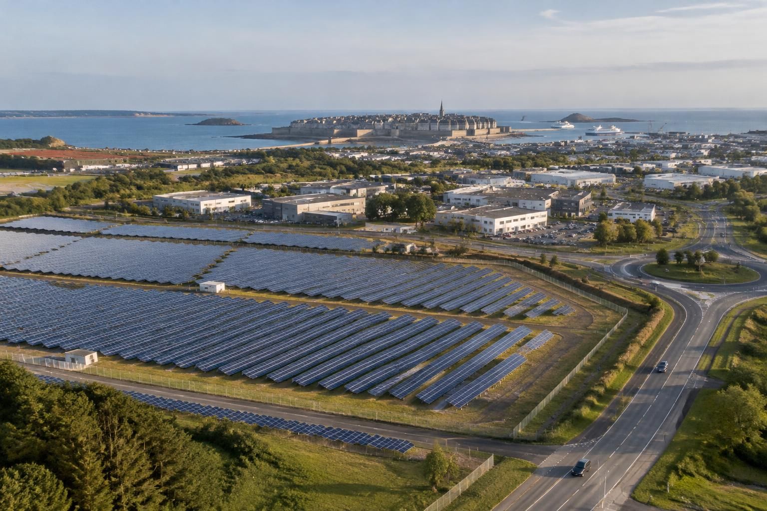 à l’entrée de saint-malo, un vaste projet de centrale solaire prend forme et dessine les contours d’un nouveau paysage énergétique.