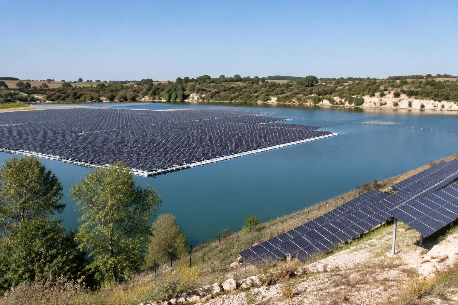 au sud-ouest de…, une immense centrale solaire flottante transforme un plan d’eau en site de production d’énergie renouvelable.