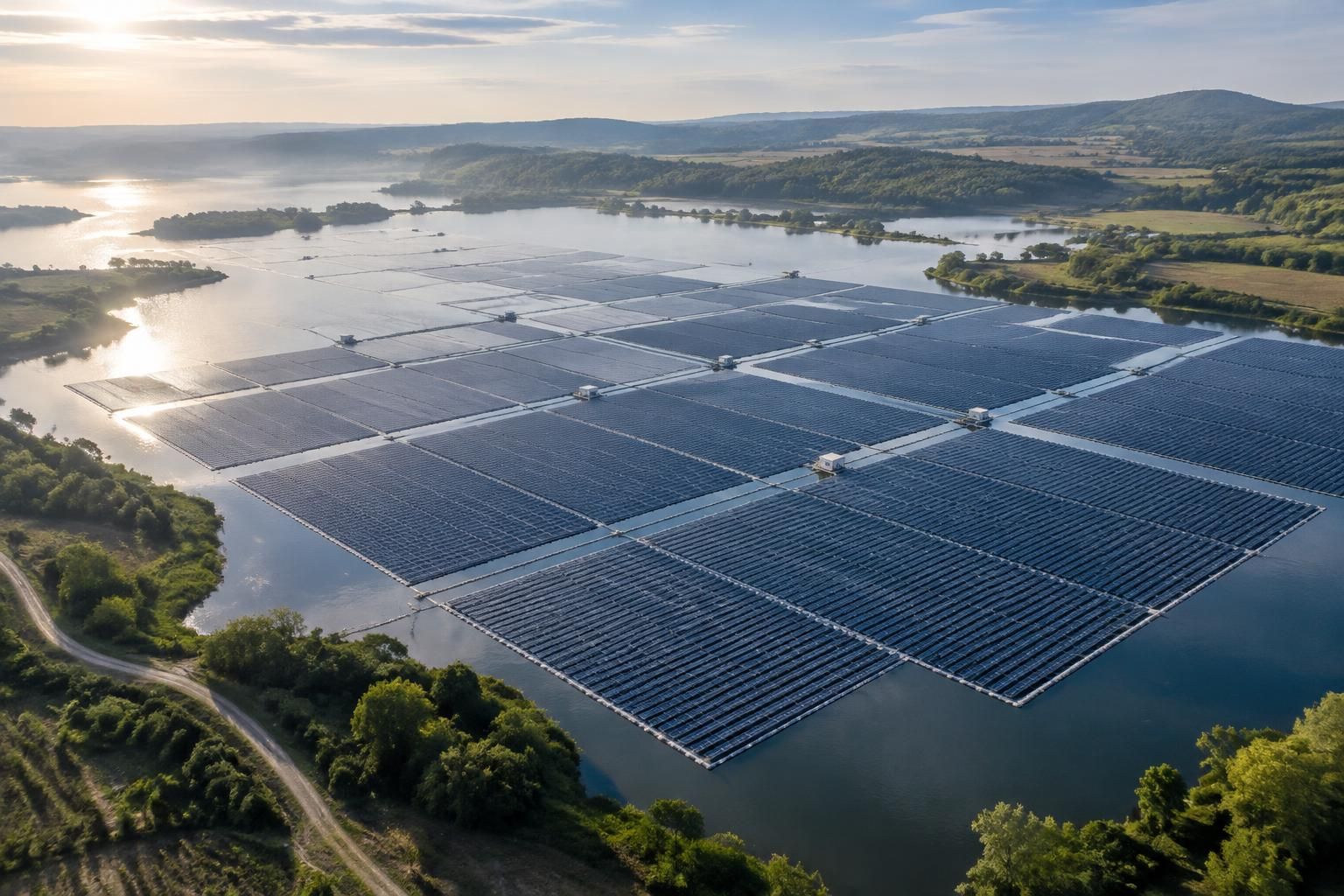 au sud-ouest de…, une immense centrale solaire flottante s’installe sur un plan d’eau et illustre le potentiel des énergies renouvelables.